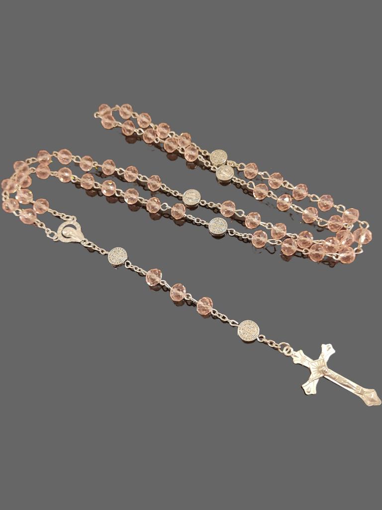 Hot selling pink crystal cross prayer bead pendant necklace and bracelets jewellry set for Christian