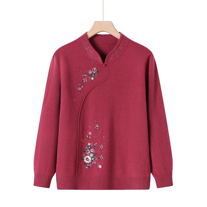 100% Pure Wool Autumn Winter Sweater for Moms - Stylish Qipao Collar Knitwear for Middle-Aged and Elderly Women.
