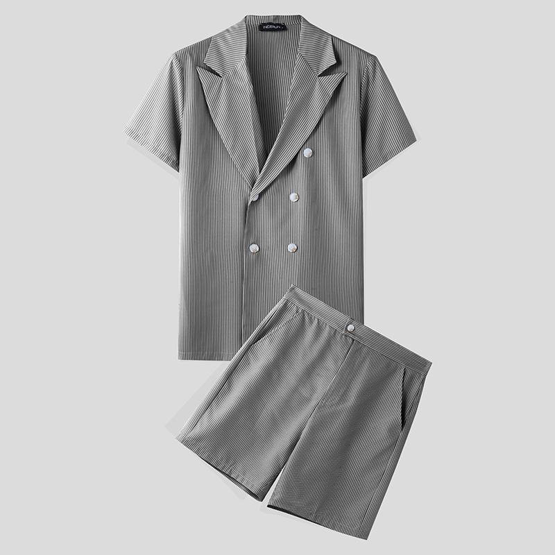 

INCERUN Two Piece Suit Men Lapel Short Sleeve Striped Tops Short Pants Casual Sets Outfits