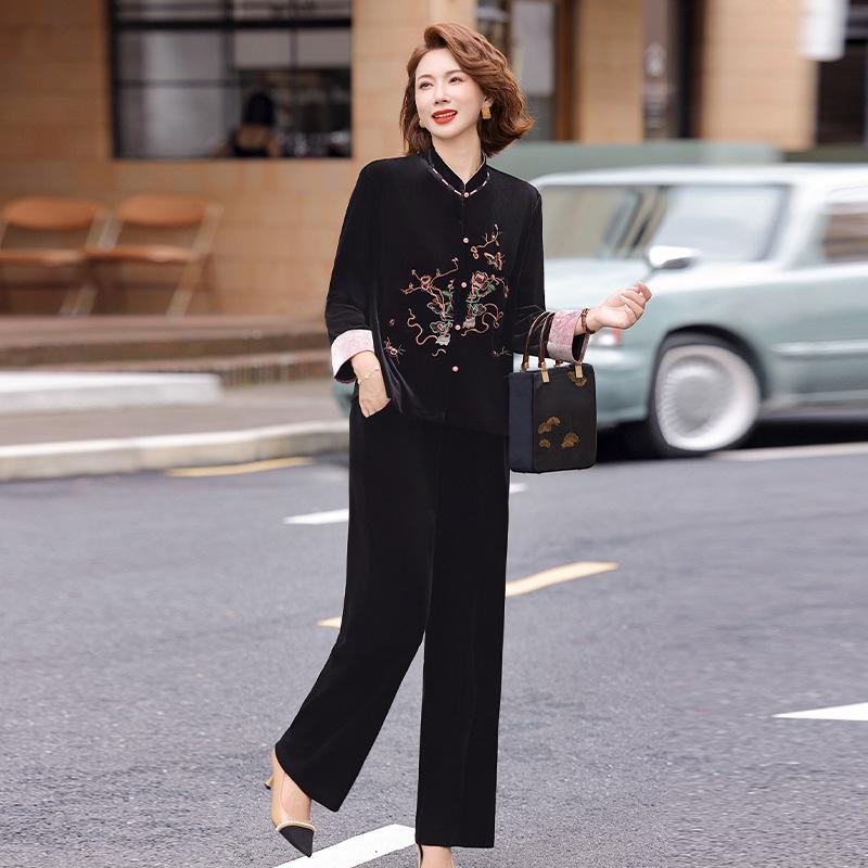 Golden Velvet Two-Piece Suit for Women Aged 40-60 