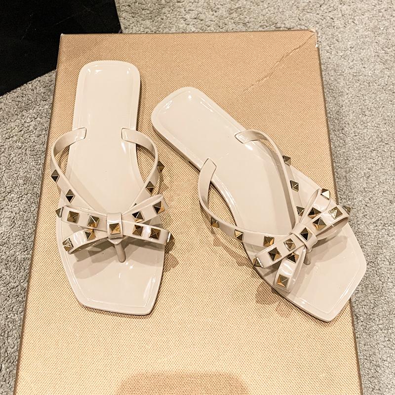 Fashion 2025 Women's New Square Head Rivet Bow Flat Bottom Slippers for  Outwear Beach Slippers and Sandals