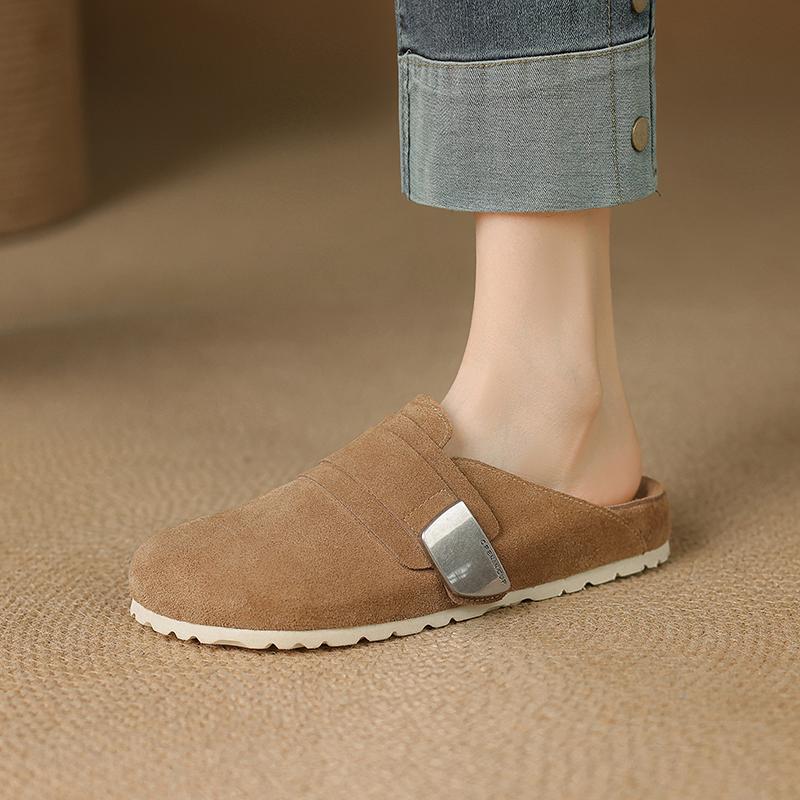 Fashion Round Toe Retro Genuine Leather Kid Suede Covered Toe Slippers Women Med Wedges Heels Leisure Soft Leather Mules Female 2025 New