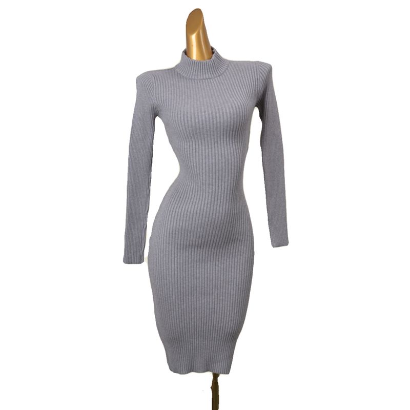 Normcore Half Turtleneck Underwear Knitted Dress Fashion Wind Sunken Stripe High Elastic Silm Long Sleeves Fall and Winter Heattech Sheath Dress