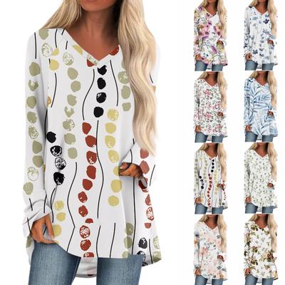 Women's  And Winter Long Sleeved V-neck Printing Casual Long Loose T-shirt Top