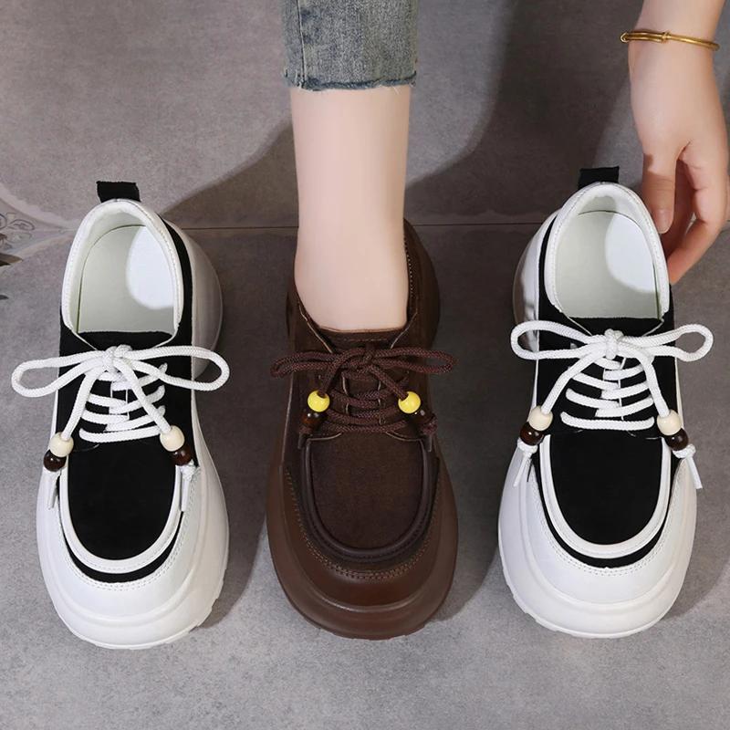 2025 New Shoes for Women Lace Up Outdoor High Quality Women Sneakers High Heels Sponge Bottom Casual Round Head Vulcanize Shoes