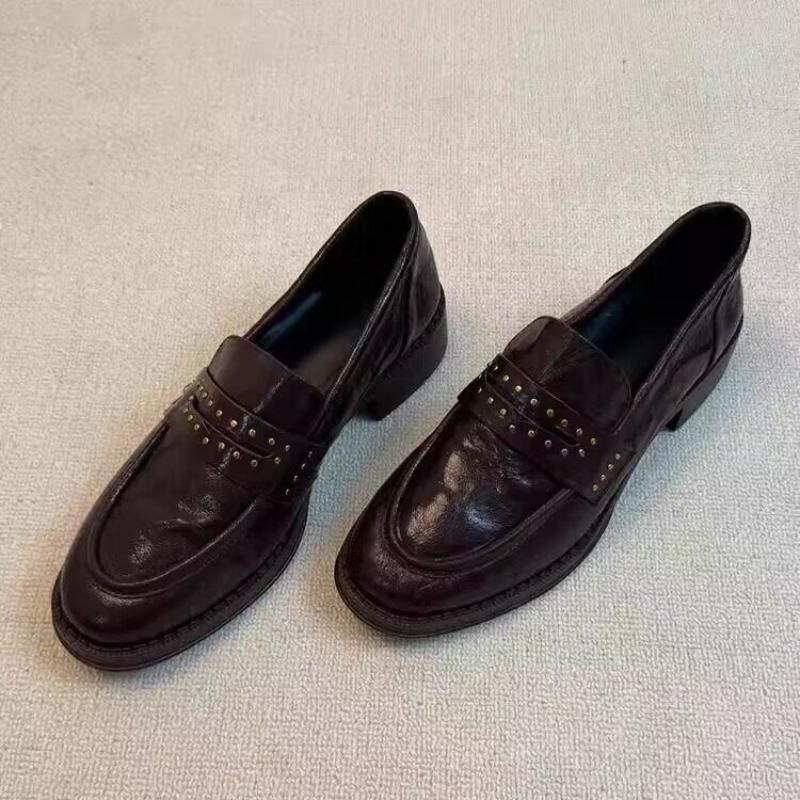 Fashion Block Heel Single Shoes Autumn New Round Toe Deep Mouth Rivet Anti-slip Wear-resistant Kitten Heels