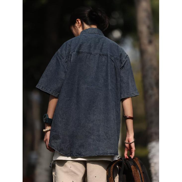 Summer Men'S New Style Distressed Washed Retro Short Sleeved Denim Shirt Street Trendy Workwear Military Style Shirt Top