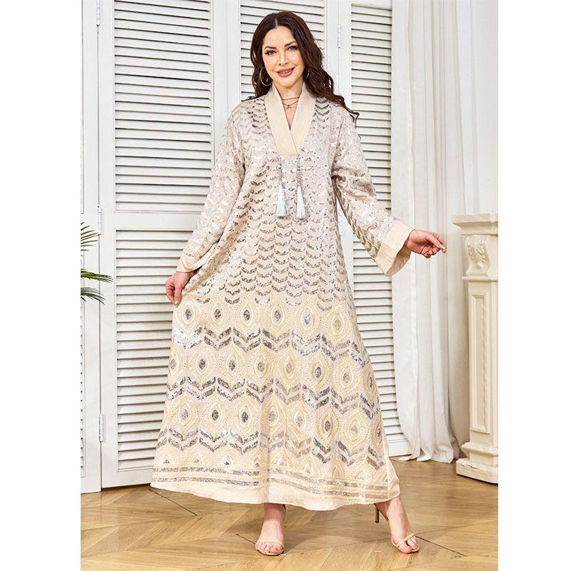 Middle East Robe Women's Long Dress New Sequin Full Embroidered Neckline Tassel Decoration Formal Dress Dubai Dress Dresses