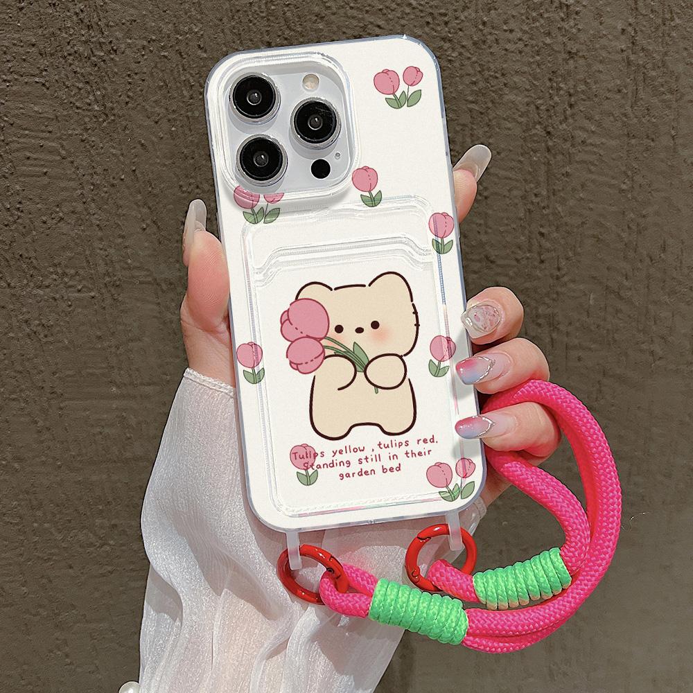 Cute Flower Phone Case For iPhone 15 Pro Case iPhone 13 11 12 14 16 Pro Max 7 8 Plus XR XS SE  Hang Chain Card Holder Cover