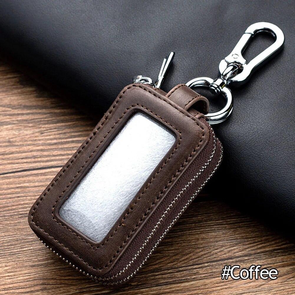 Genuine Cow Leather Home Car Keys' Bag Double Pocket Zipper Mini Wallet Earth Yellow Men Women's Key Holder Transparent Pocket