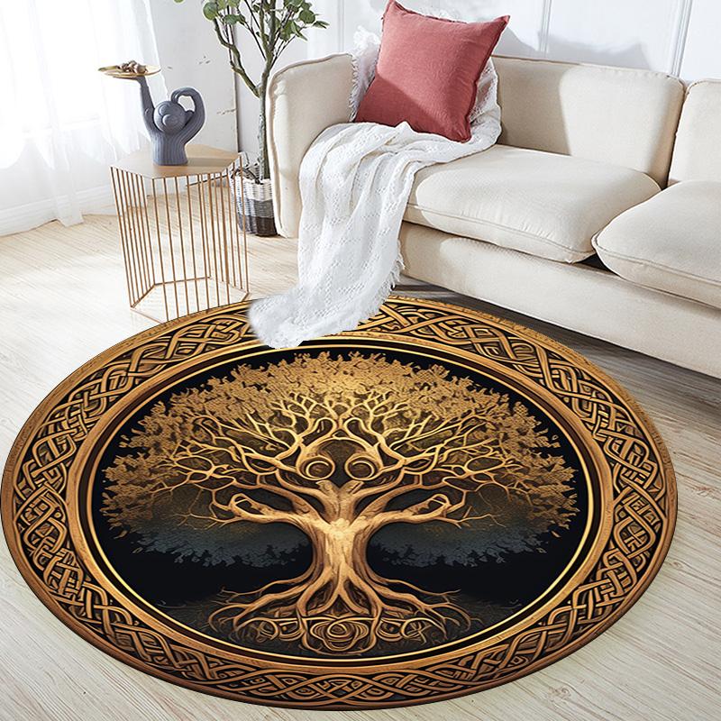 Golden Tree Round Area Rug,Carpet Rug for Living Room Bedroom Sofa Playroom Decor,Non-slip Floor Mat