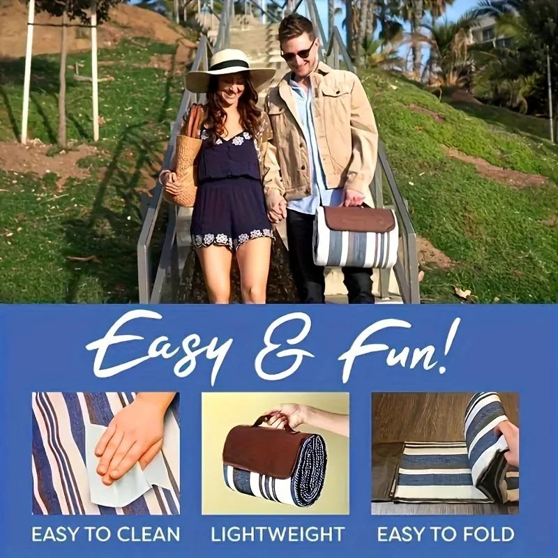 Blue White Striped Large Picnic Blanket - 1pc Dual Layer Nylon Coarse Knit Durable All-Season Outdoor Mat with Carry Handle