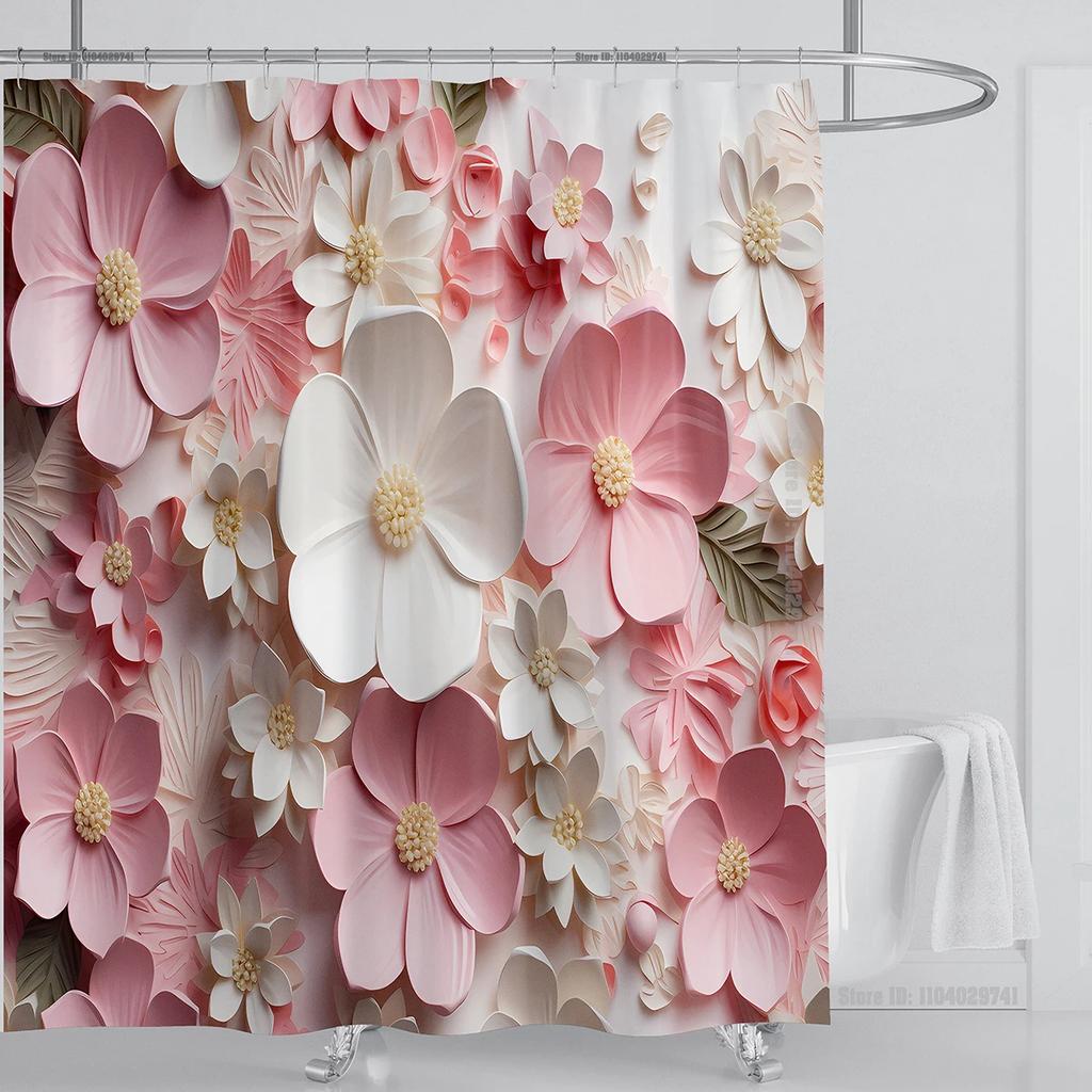3D Floral Shower Curtain Set Orange Flower Design Fabric Bathroom Decor Waterproof Washable Shower Curtain Set With Hooks