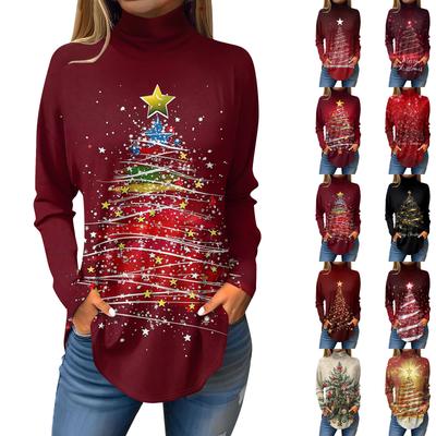 Damen Herbst Casual Langarmshirts Sweatshirt Vintage Bedrucktes High Neck Top Pullover