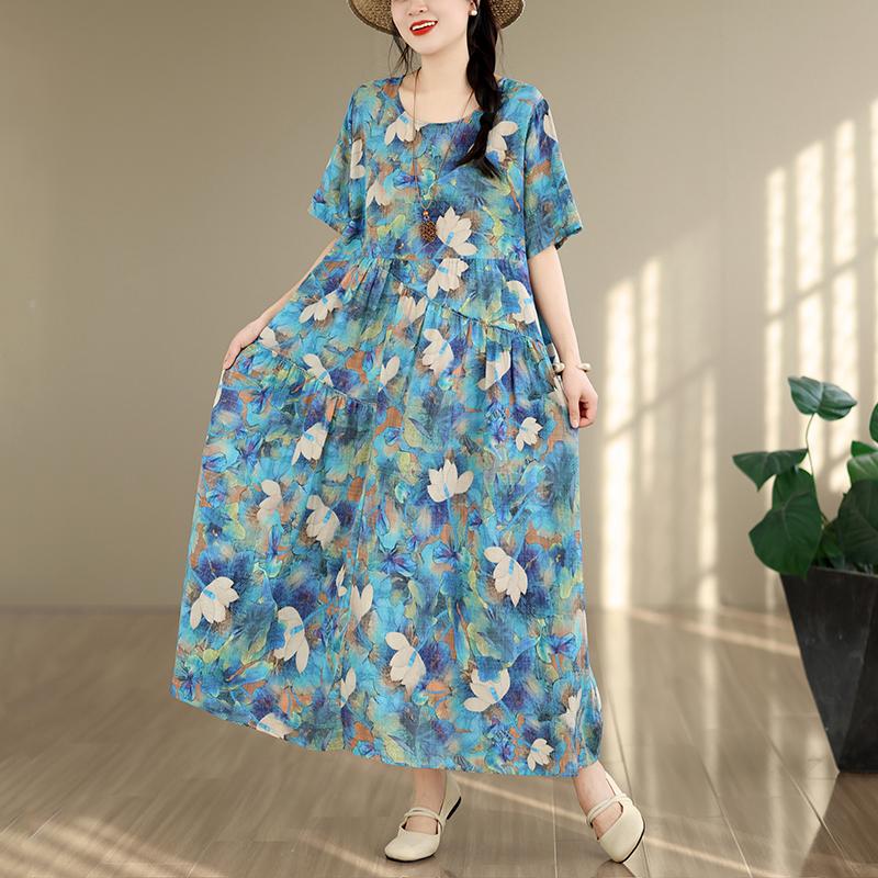DIMANAF Women New 2026 Sundress Plus Size Summer Casual Print Long Dress Cotton Loose Oversize Maxi Floral Beach Holiday