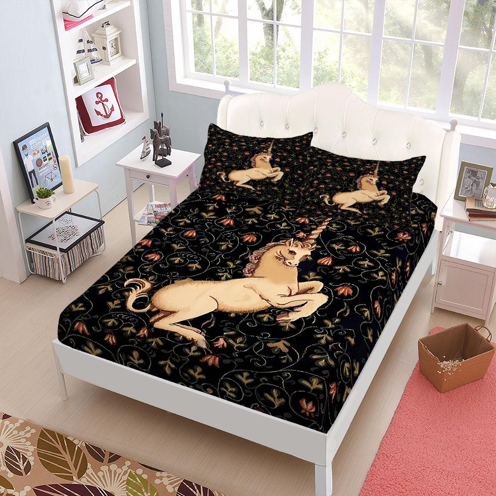 Medieval Unicorn In Grove  Fitted Sheet Set King Queen Double Full Size Bed Linen Set