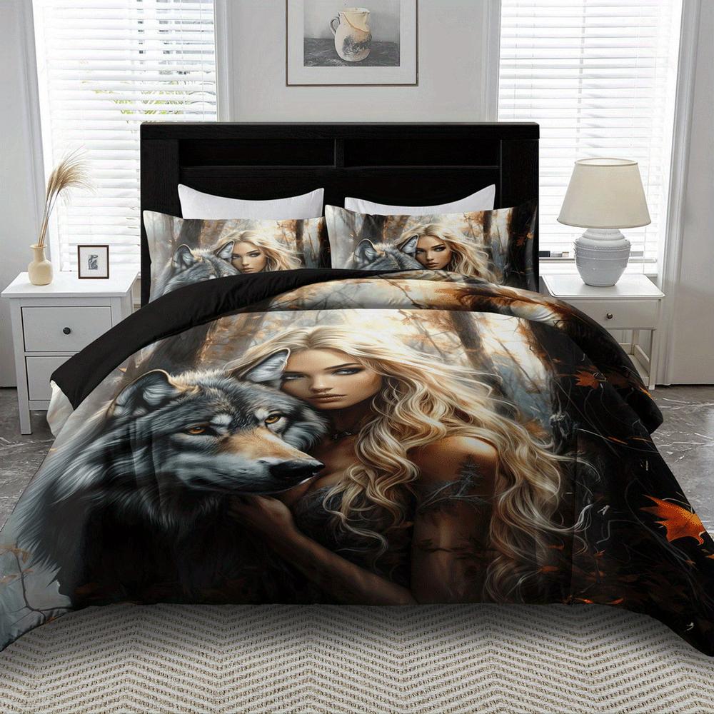 Animal Theme Down Wolf and Beauty Pattern Printed Duvet Cover Set - Comfortable and Breathable Beauty Theme Printed Bedding Set
