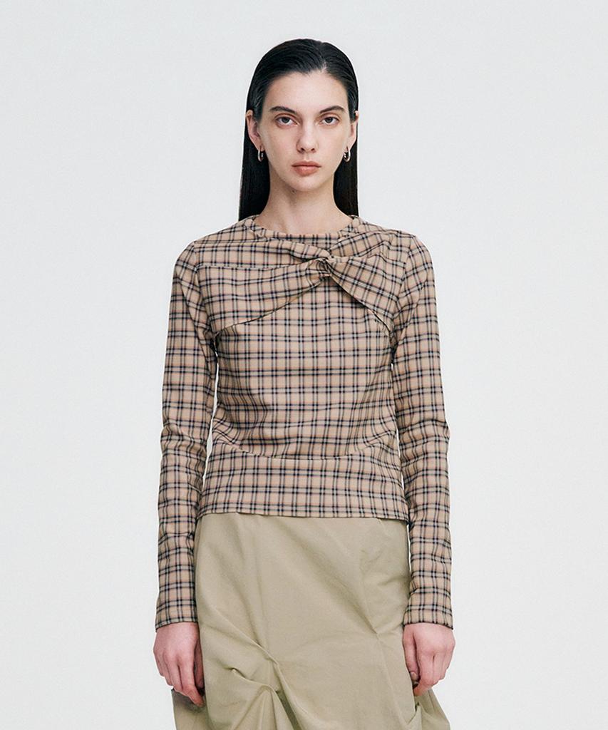 Kimjisu Twisted Check High-Neck Top _ Beige