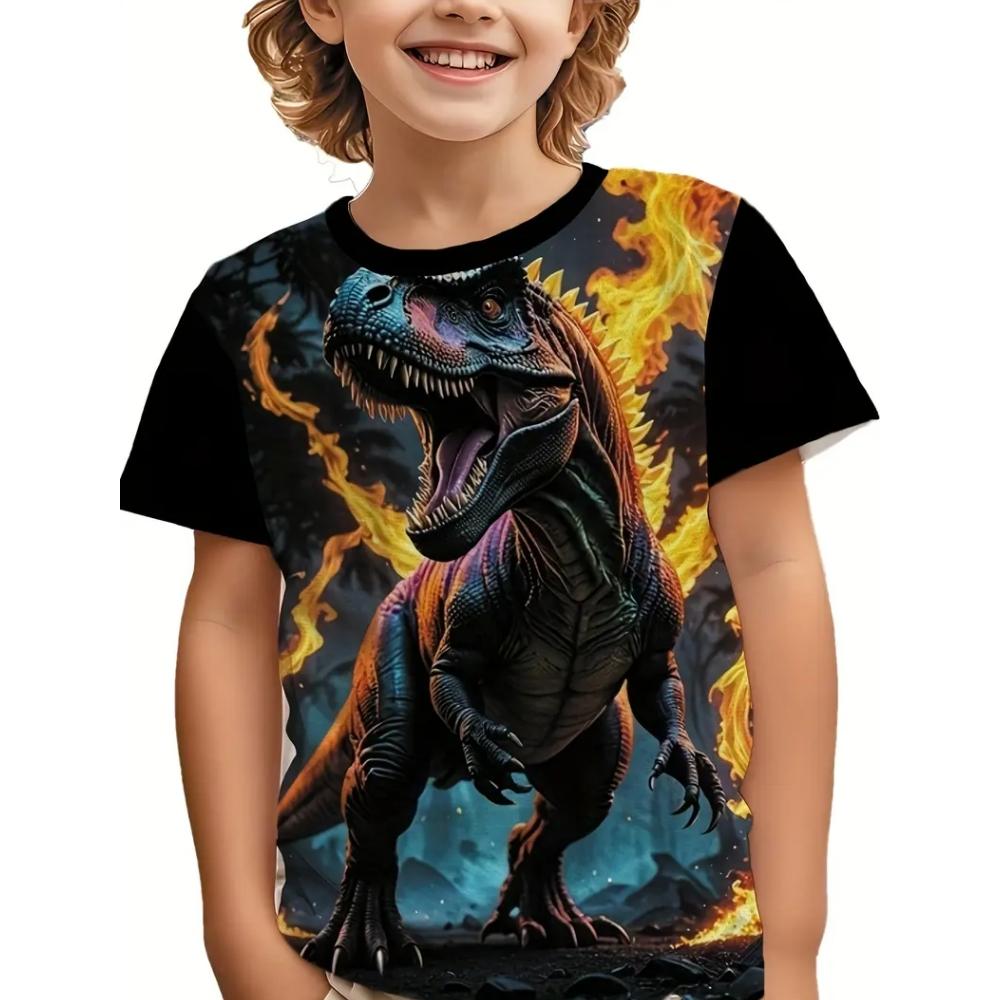 Round Neck 3D Dinosaur Printed Top Casual Short Sleeved Children's Boy T-shirts - Soft Medium Stretch Polyester Fabric Summer Relaxed Fit Clothing