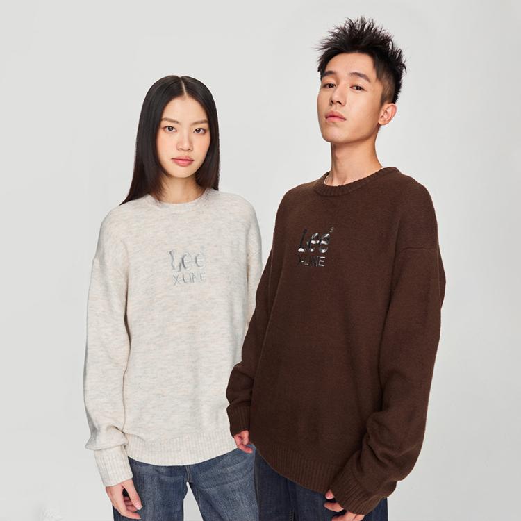 Lee Comfortable Round Neck Metallic Logo Pullover Melange Sweater Unisex Sweater Dark-Brown LUT0090814UX00FA05985
