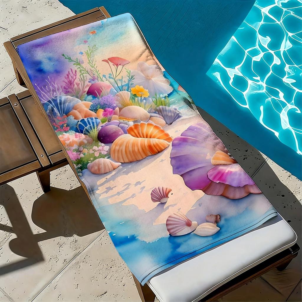 Marine Shell Flower Pattern Polyester Microfiber Beach Towel Is Highly Absorbent, Suitable for Swimming and Beach Outings
