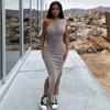 Summer Women's Skirt Solid Color Sexy Pleated Oblique Shoulder Dress Slit Slim Long Dress