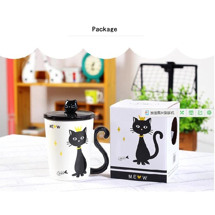 New Cat Tail Handle Mugs Cup Ceramic Coffee Tea Milk Drinkware with Spoon Cover Three in One Lovely Mug Gift