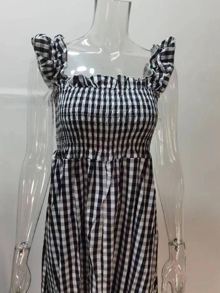 2024 Summer Women's Patchwork Plaid Spaghetti Strap Dress with Elastic Waist and Big Swing