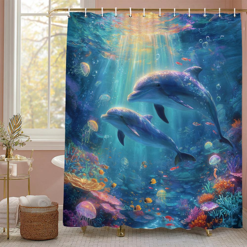 Underwater World Ocean Dolphin Jellyfish Shower Curtain, Bathroom Decorative Shower Curtain, Waterproof Shower Curtain with Hook