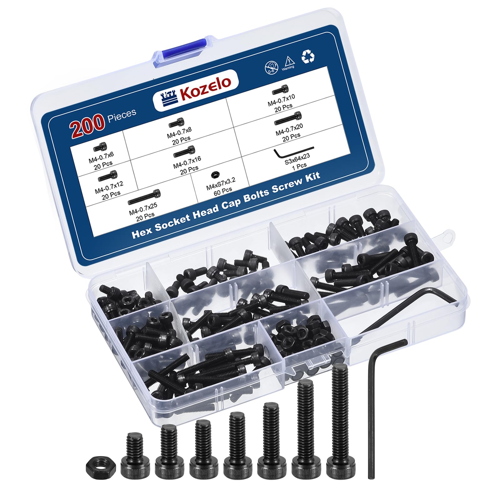 

Kozelo 200pcs M4 Hex Socket Head Cap Bolts and Nuts Assortment Kit Alloy Steel Fully Threaded Black Oxide Internal Hex Screws for 3D Printers with чёрный