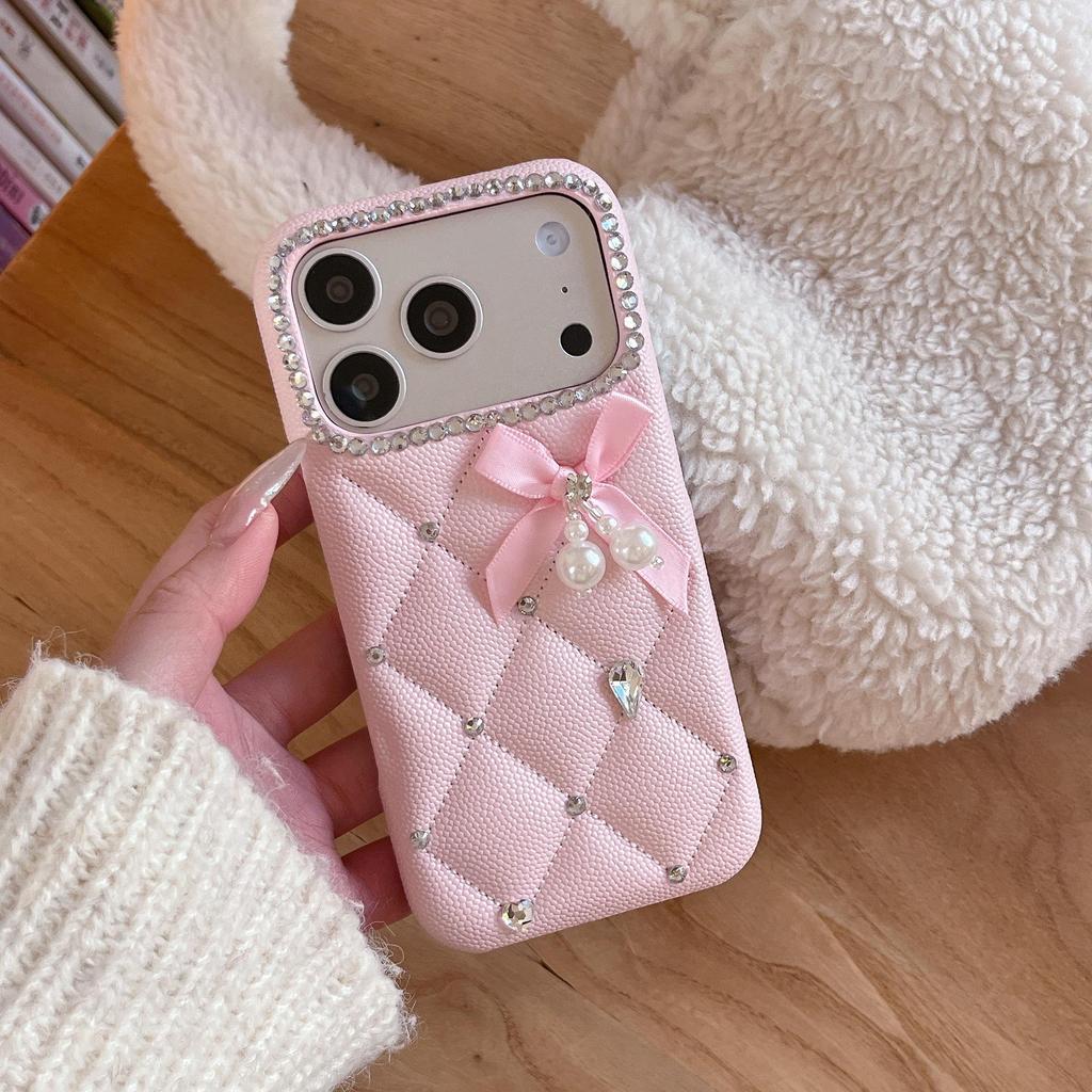 Luxury Quilted iPhone 13/14/15 Pro Max Case with Rhinestone Bow & Pearl