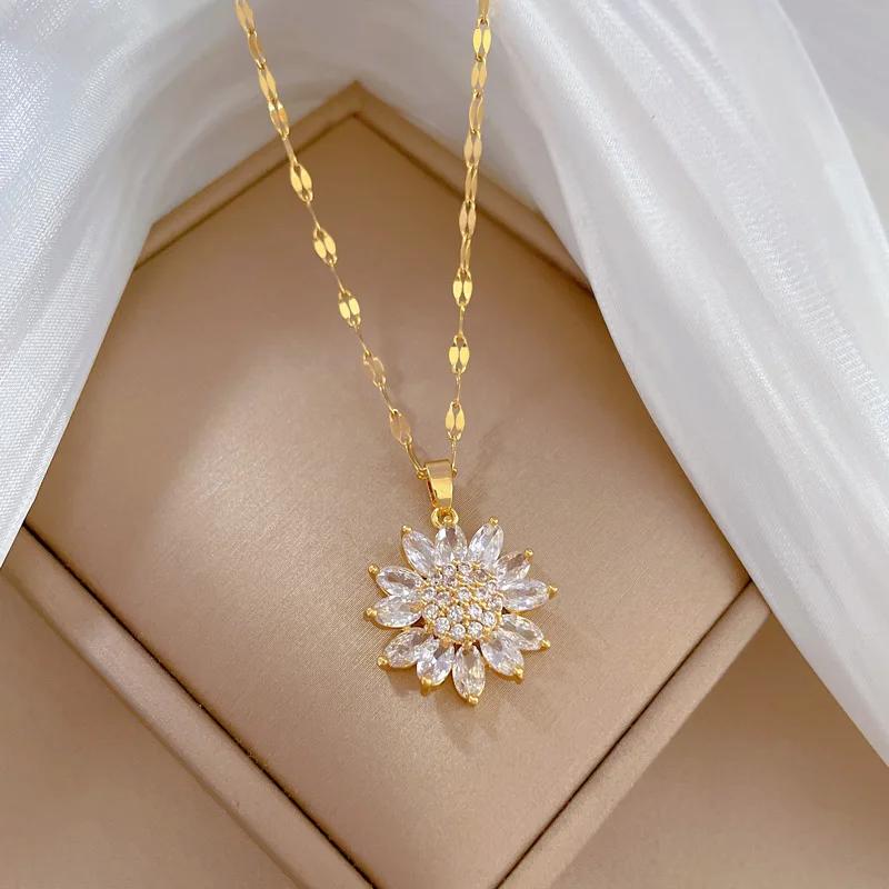 316L Stainless Steel Luxury Zircon Flower Pendant Necklace For Women Girl New Trend Clavicle Chain Jewelry Lady Gift