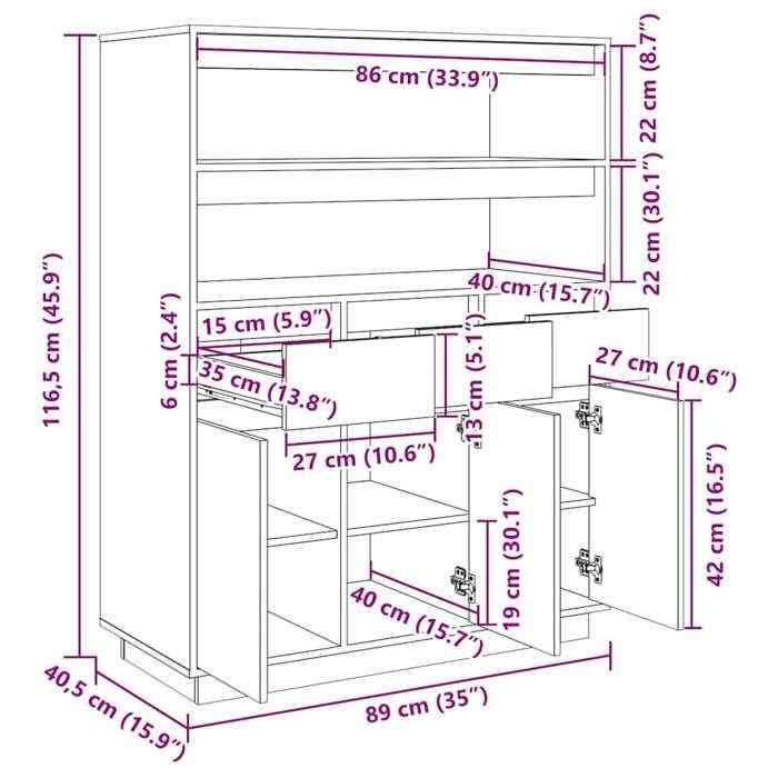 818215 vidaXL Buffet haut 89x40x116,5 cm Bois massif de pin