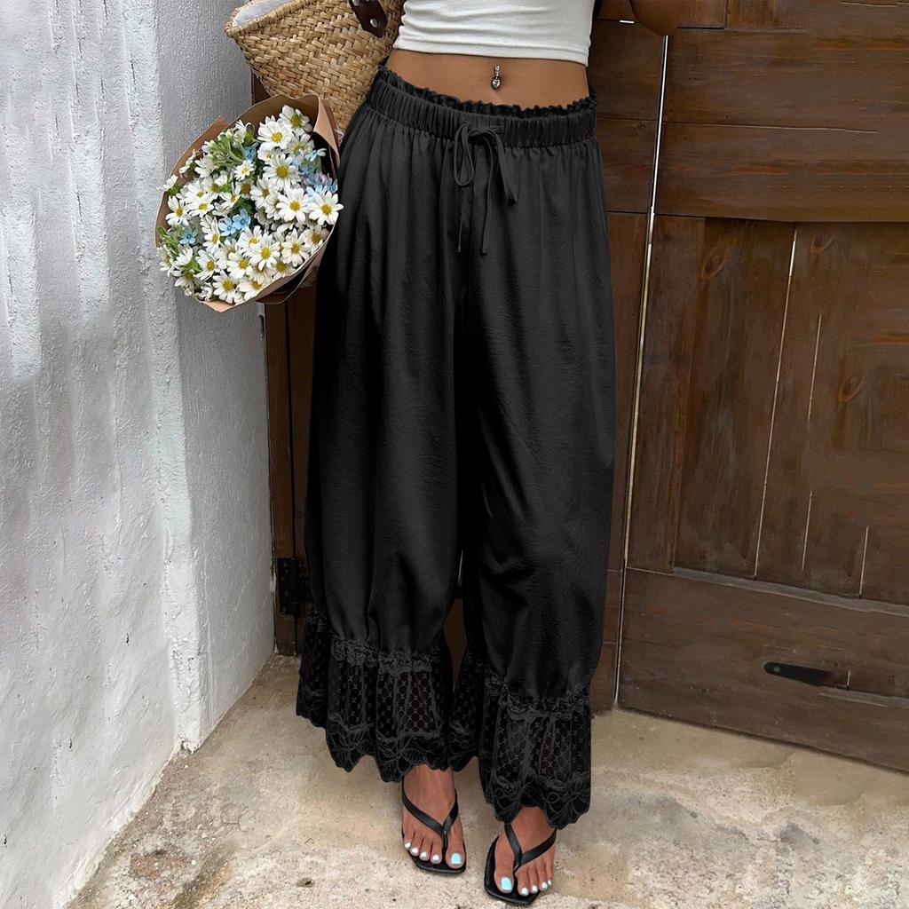 Damen Spitzenbesatz Rüschensaum Weites Bein Hoher Bund Lange Lockere Hose Vintage Stil Strand Reise Urlaubs Hose