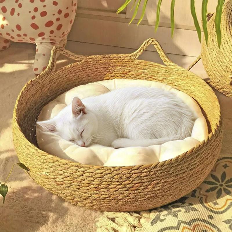 Four Seasons Cat Bed Woven Removable Upholstery Sleeping House Cat Scratch Floor Rattan Washable Cats Pet Products Accessories