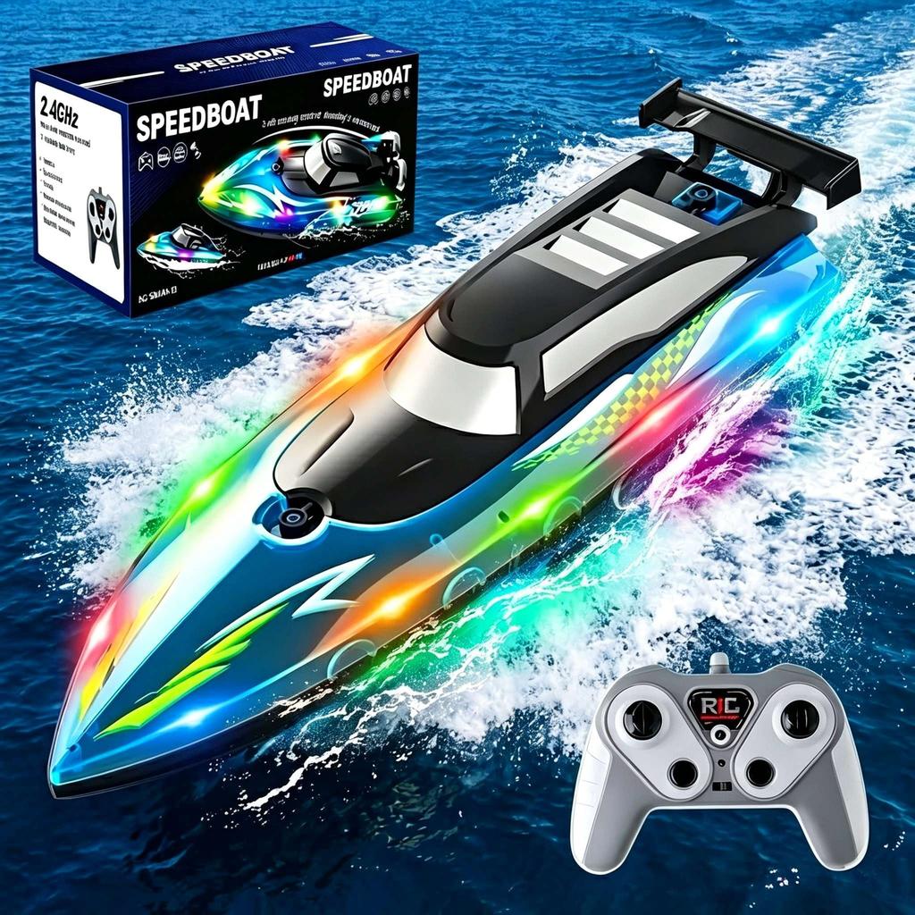 RC Boat 2.4GHz High Speed Remote Control Boat with LED Lights, Waterproof Dual Motor Speedboat for Kids Adults Pool Lake Toys