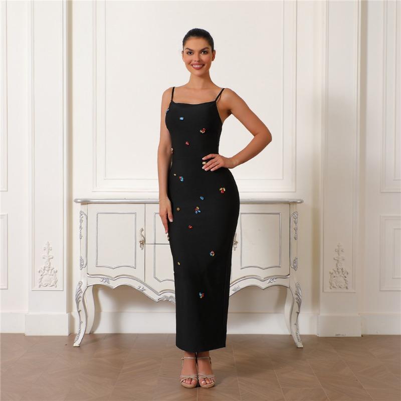 

New bandage dress sexy handmade beaded slim temperament suspender skirt slim temperament long dress L чёрный