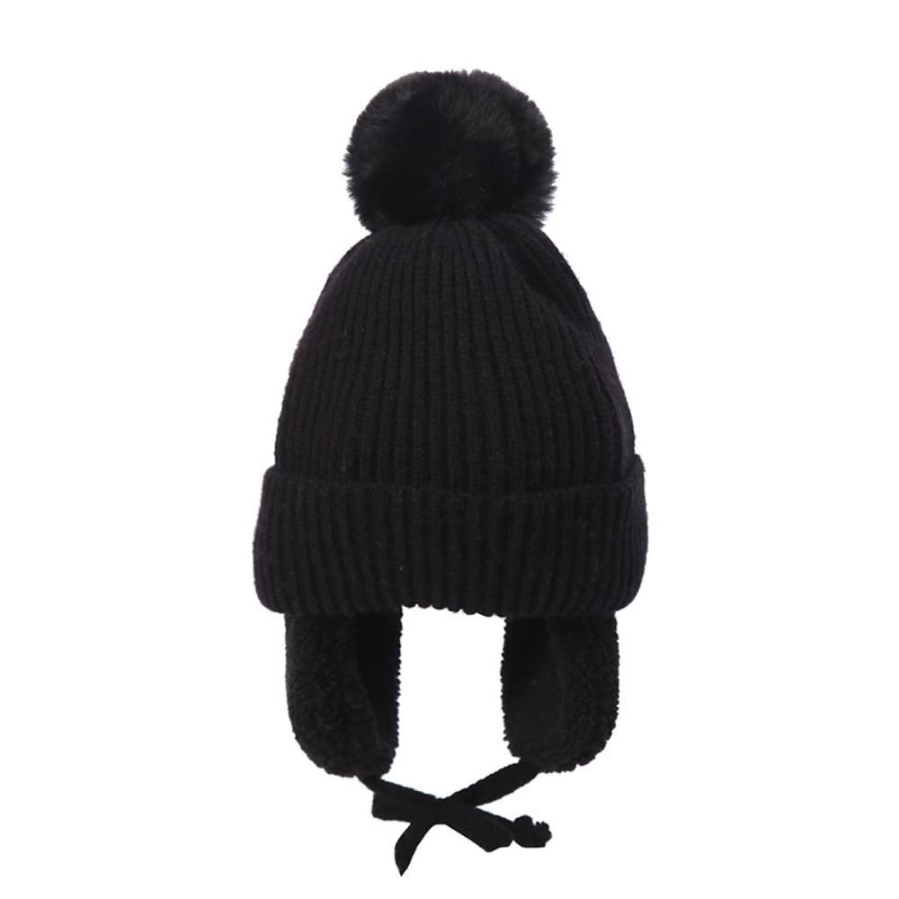 

Ear Protection Pompom Beanie with Earflap Cartoon Wool Cap Children Knitted Hat Winter Autumn чёрный