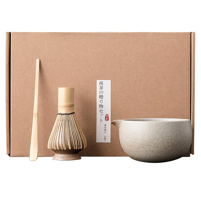 4-Piece Tea Ceremony Set, Matcha Tea Set, Tea Bowl, and Chasen Stand, Perfect for Beginners, Easy To Clean, Ceramic and Natural Bamboo, Premium