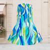 Women Plus Size V Neck Long Sleeve Printed Blue Green Tie Waist A Line Flared Dress