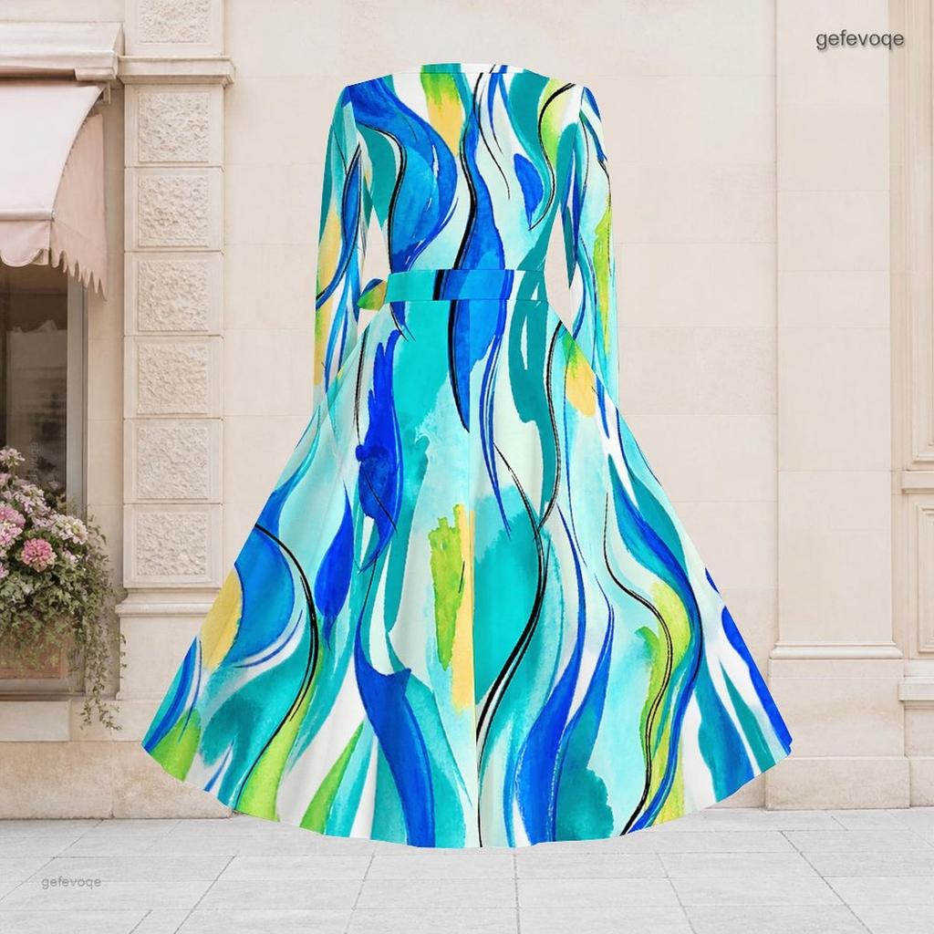 Women Plus Size V Neck Long Sleeve Printed Blue Green Tie Waist A Line Flared Dress