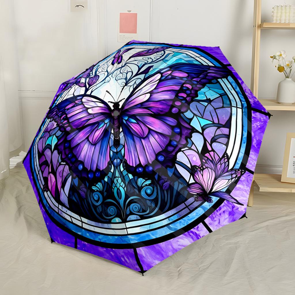 Colorful Butterfly Stained Glass Portable Automatic Umbrella with 8-Rib Lightweight All-Season Travel Fashion Lovers Perfect Gift for Women/Men