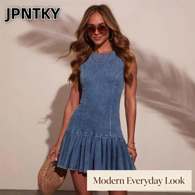 JPNTKY Fashion Summer Spring Solid Color Print Sleeveless O-Neck Casual Dresses