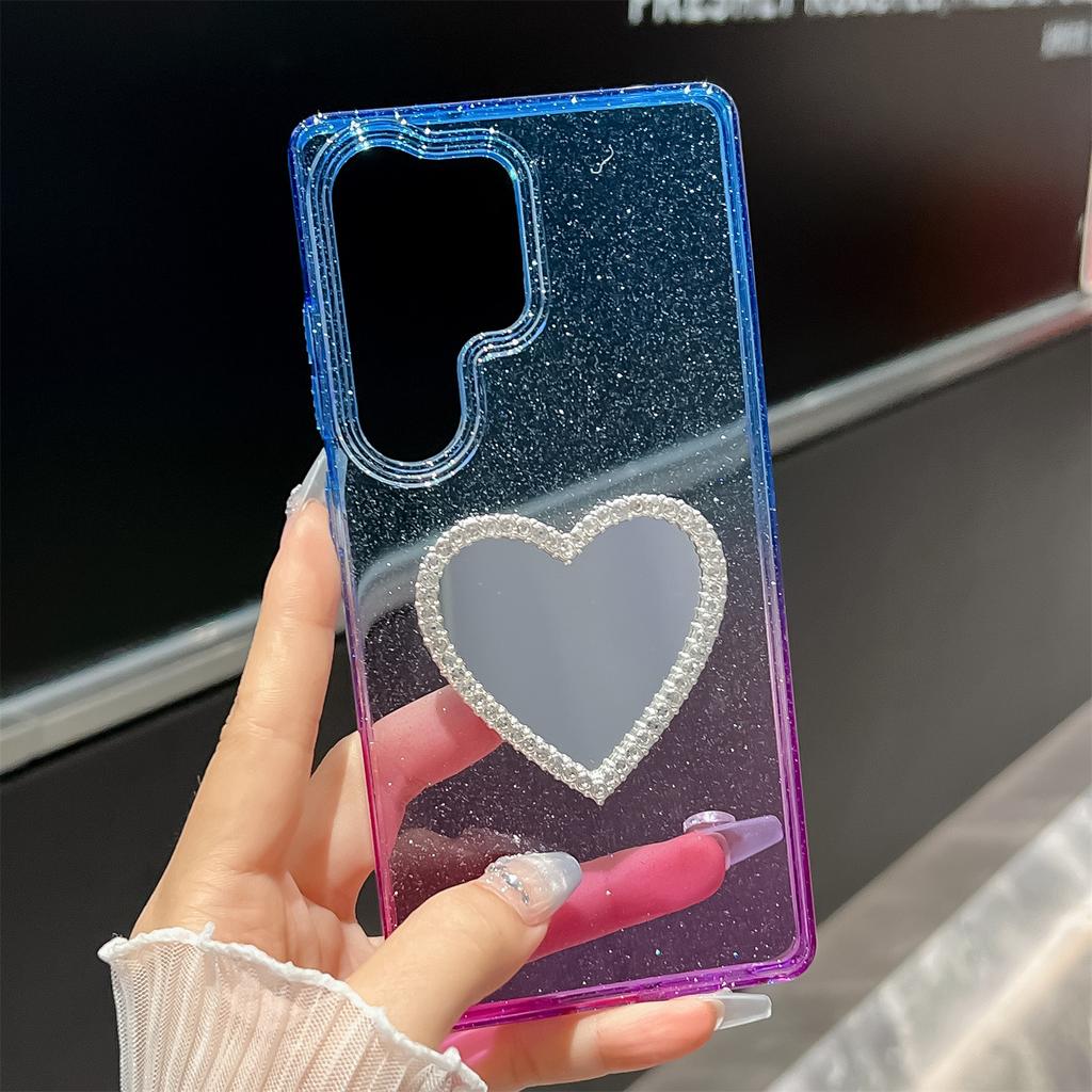 For Samsung Galaxy S25 Ultra Case Glitter Dual Color PC+TPU Clear Phone Cover with Heart-Shape Mirror