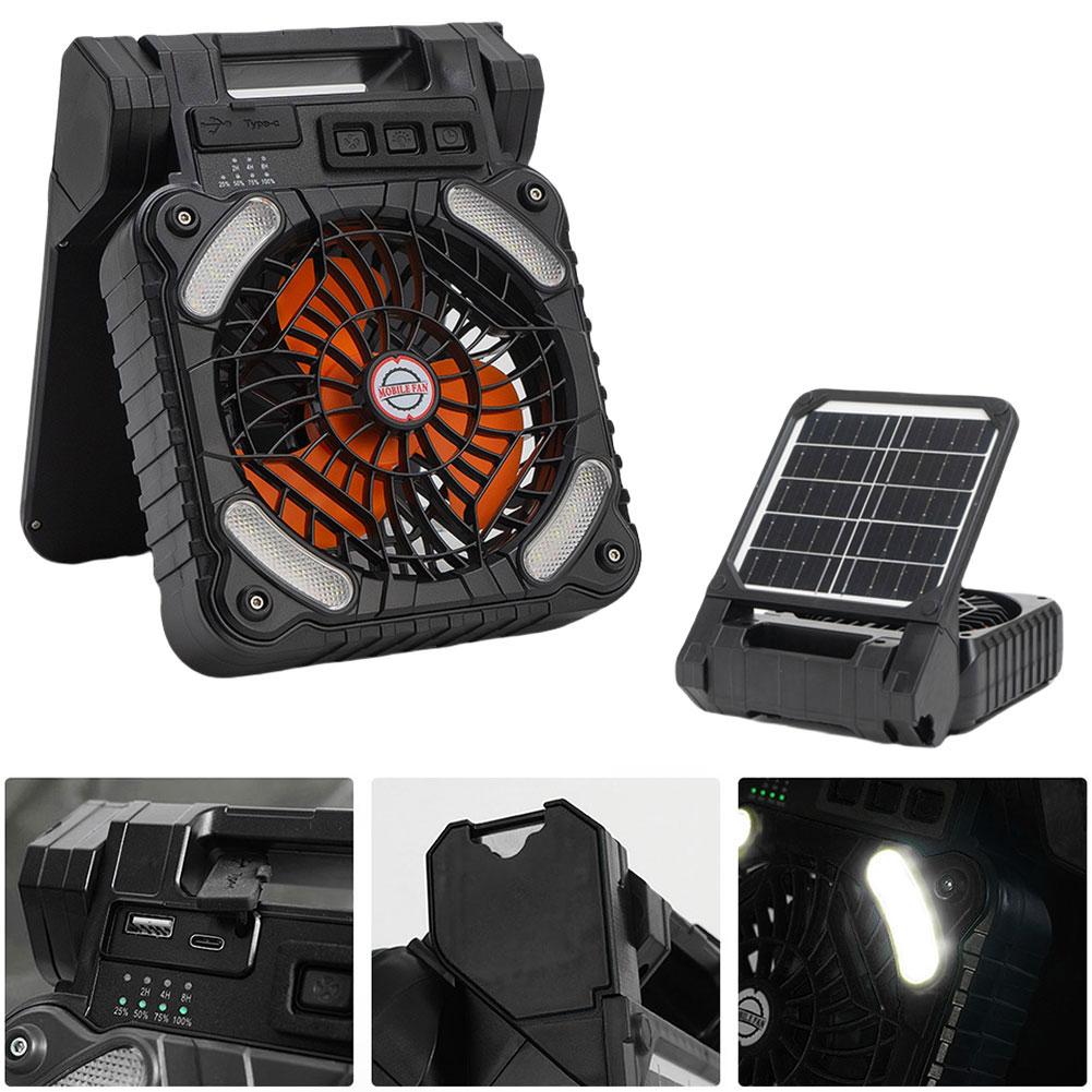 Solar Outdoor Camping Fan with LED Light USB Rechargeable Solar Outdoor Tent Fan 5200mAh Solar Cordless Tent Fan for Emergency