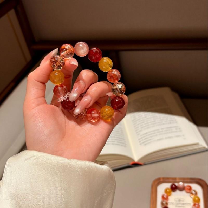 Red Crystal Beaded Bracelet Natural Agate Quartz Women Fair Skin Tone Fashion Jewelry
