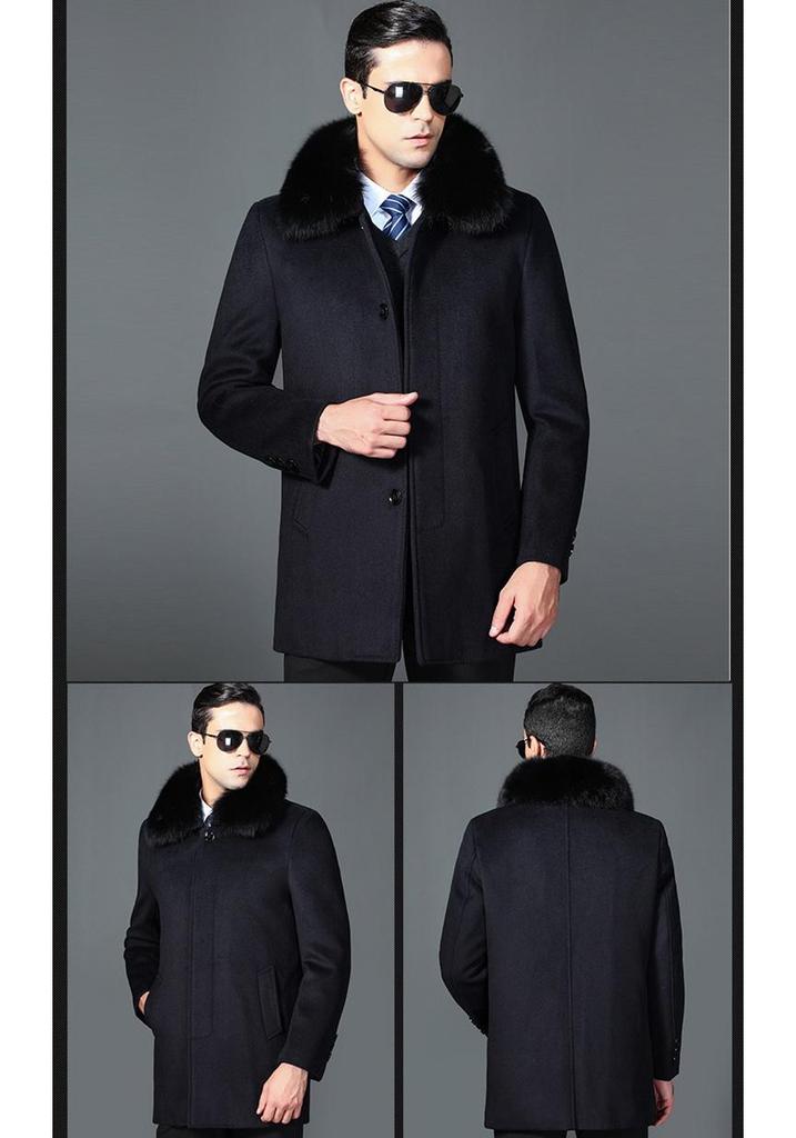 Men's Winter Wool Overcoat with Real Fur Collar and Detachable Liner - Knee-Length Jacket for Middle-Aged and Elderly