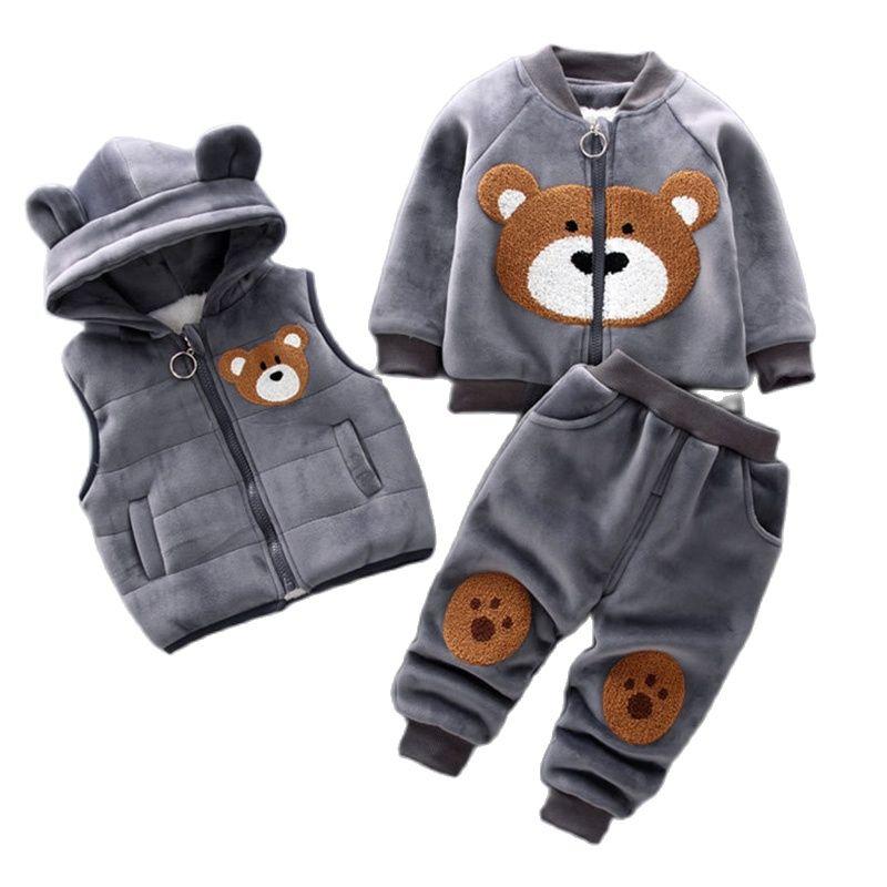 Baby Boys' 3-Piece Cartoon Bear Fleece Clothing Set - Jacket, Vest, and Pants for Autumn/Winter