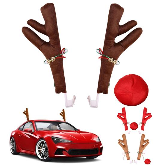 Weihnachts-Autodekoration Rentiergeweih mit roter Nase, Plüschfahrzeug für Saison-Kit Glöckchenband, Festliches Autozubehör Feiertag