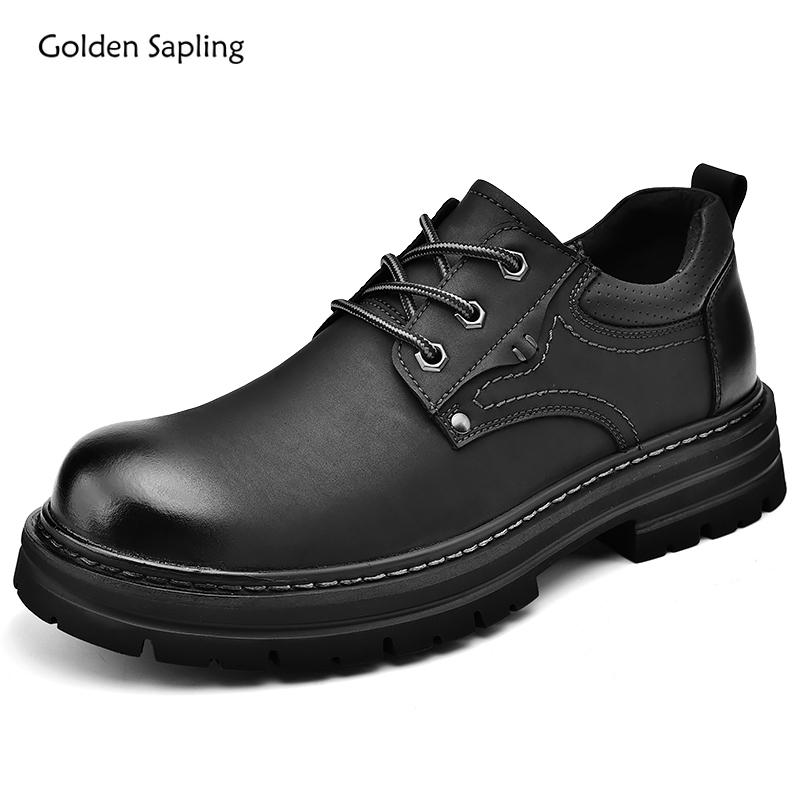 Fashion Golden Sapling Men Wide Toe Oxfords Shoes 2025 Classics Black Leather Male Work Shoes Lace-up Man Casual Footwear Size 38-46